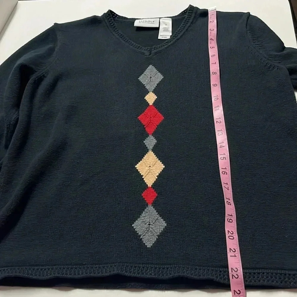 100% cotton Liz Claiborne sweater LizGolf knit pattern sweater detail neck hem